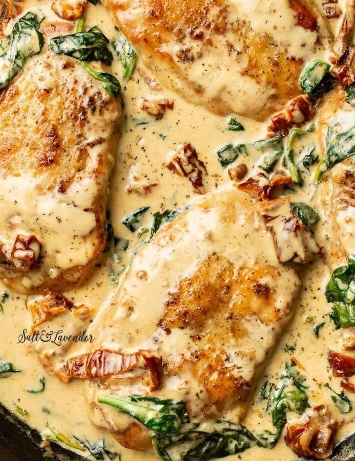 Delicious Tuscan Chicken with sun-dried tomatoes and spinach on a plate