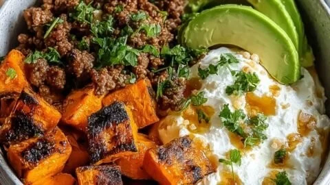 Delicious viral ground beef honey bowl served with fresh vegetables.