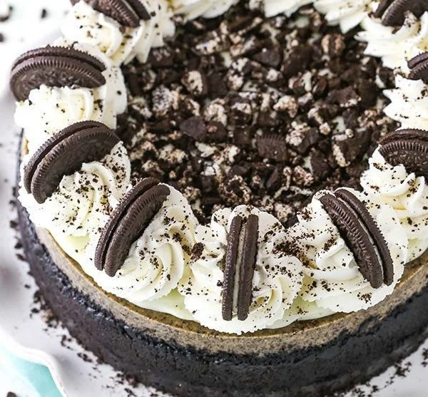 Delicious slice of Oreo cheesecake with a chocolate crust
