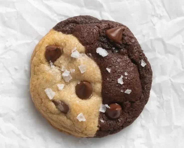 A close-up of freshly baked Brookie Cookies, showing their rich brownie and cookie layers.