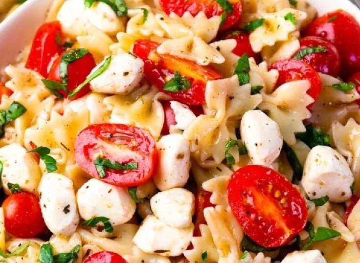 Colorful Caprese Pasta Salad with fresh mozzarella, tomatoes, and basil