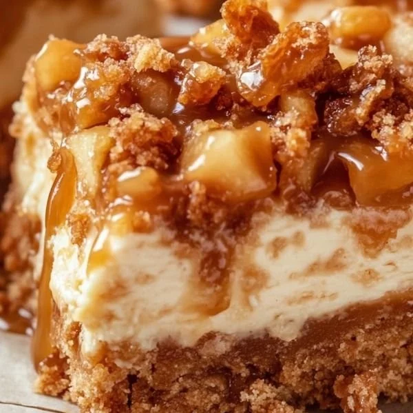 Delicious Caramel Apple Cheesecake Squares with cream and caramel drizzle