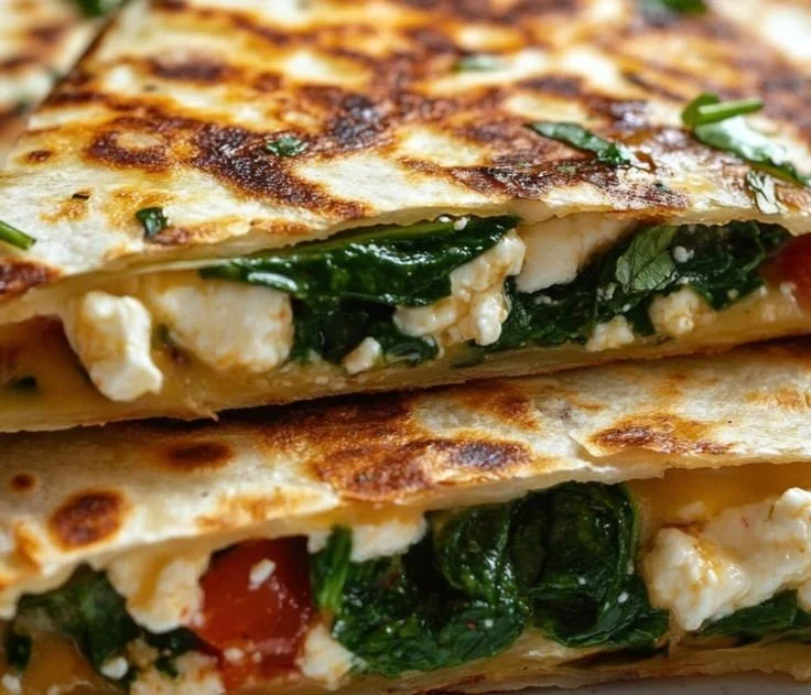 Cheesy spinach and feta quesadillas served with salsa on the side