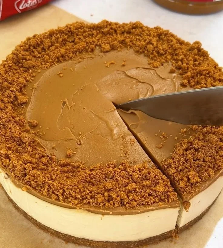 Delicious creamy Biscoff cheesecake slice on a plate