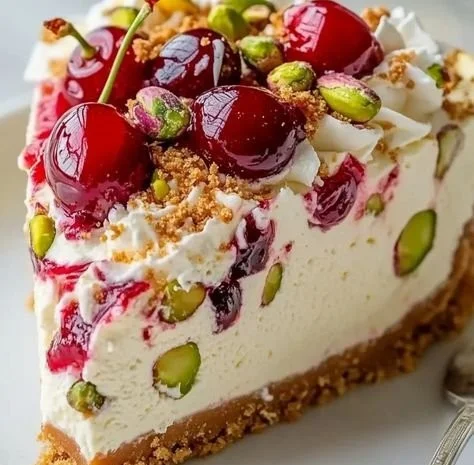 Creamy cherry pistachio cheesecake topped with cherries and pistachios