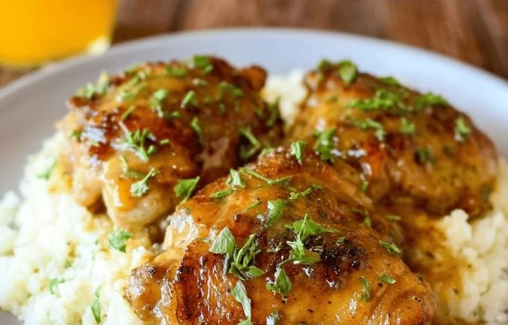 Creamy gravy Crockpot chicken thighs in a slow cooker meal
