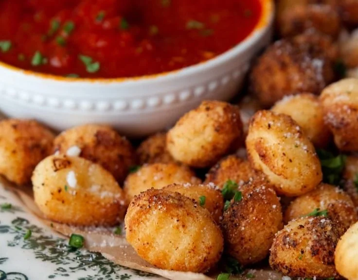 Crispy air fryer gnocchi served in a bowl with herbs and seasoning