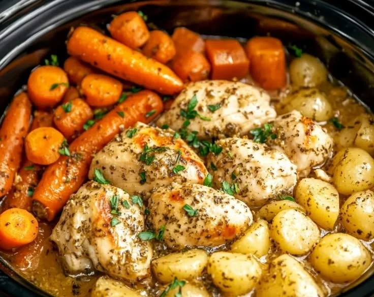 Crockpot Garlic Herb Chicken with fresh veggies in a slow cooker