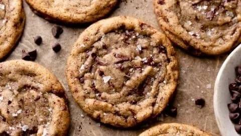 Delicious Espresso Chocolate Chip Cookies on a wooden table.