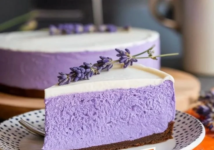 Delicious no-bake lavender honey cheesecake topped with lavender flowers