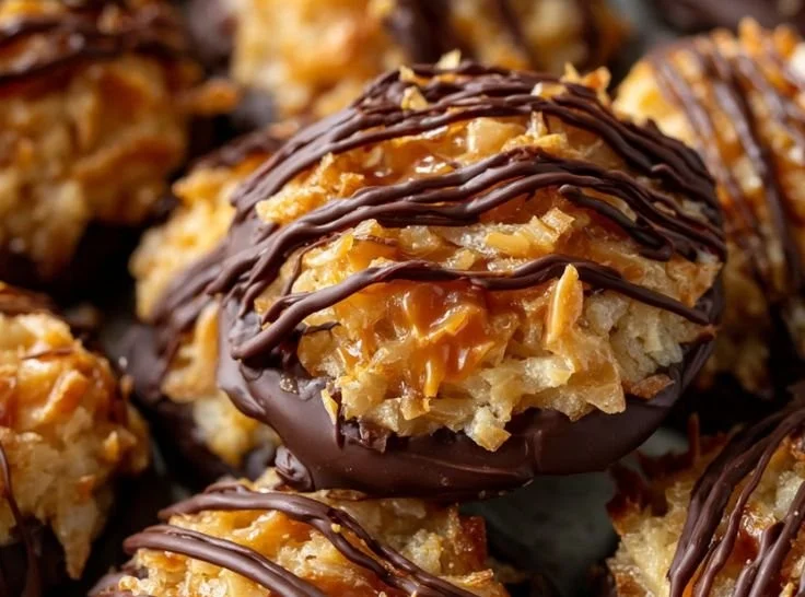 Delicious No-Bake Samoa Cookies topped with chocolate and caramel