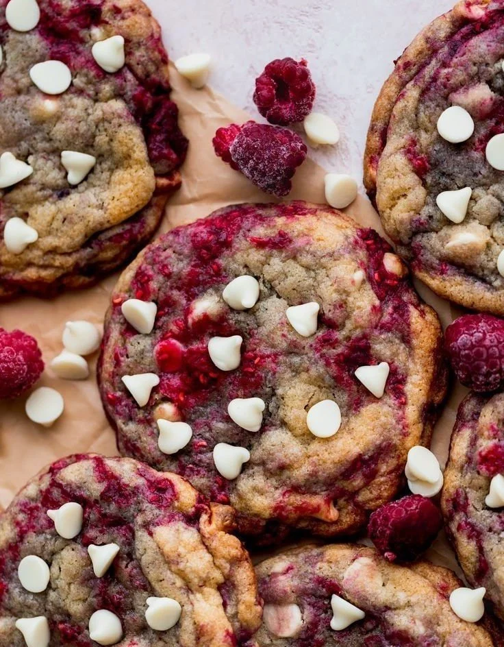 Freshly baked raspberry white chocolate chewy cookies on a plate.