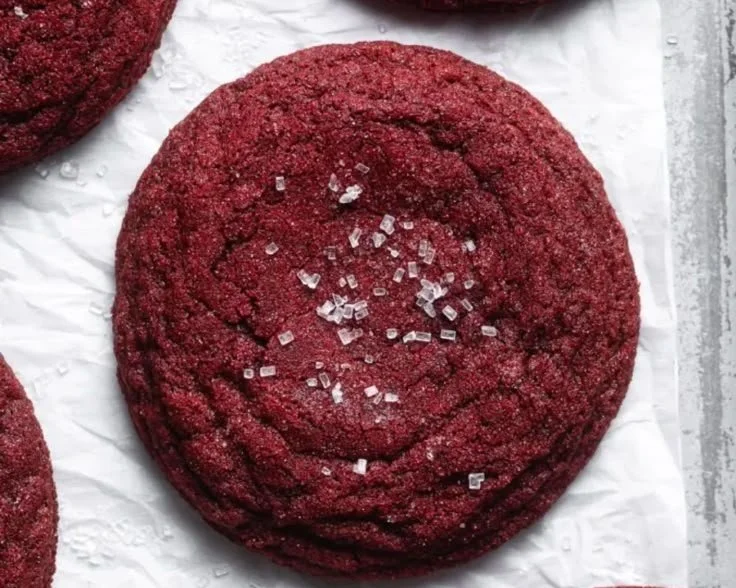 Delicious red velvet cookies with cream cheese icing on a plate.