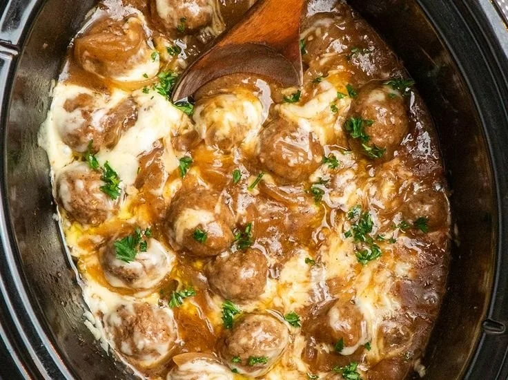 Delicious slow cooker French onion meatballs in a savory sauce