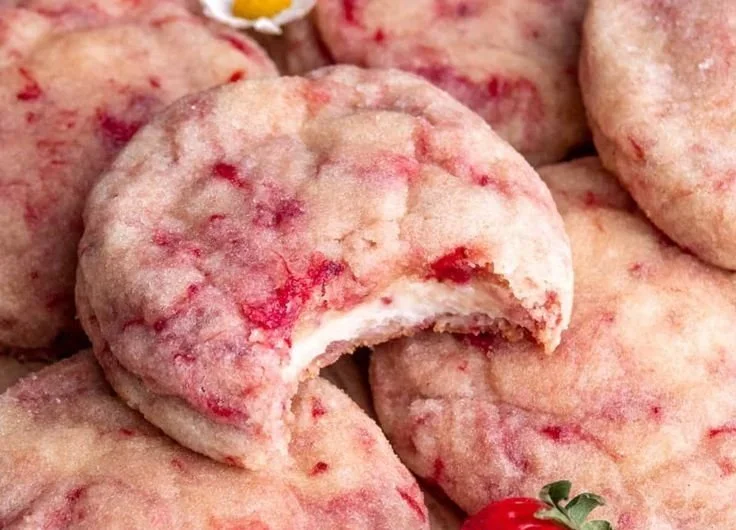 Freshly baked strawberry cheesecake cookies stacked on a cooling rack.