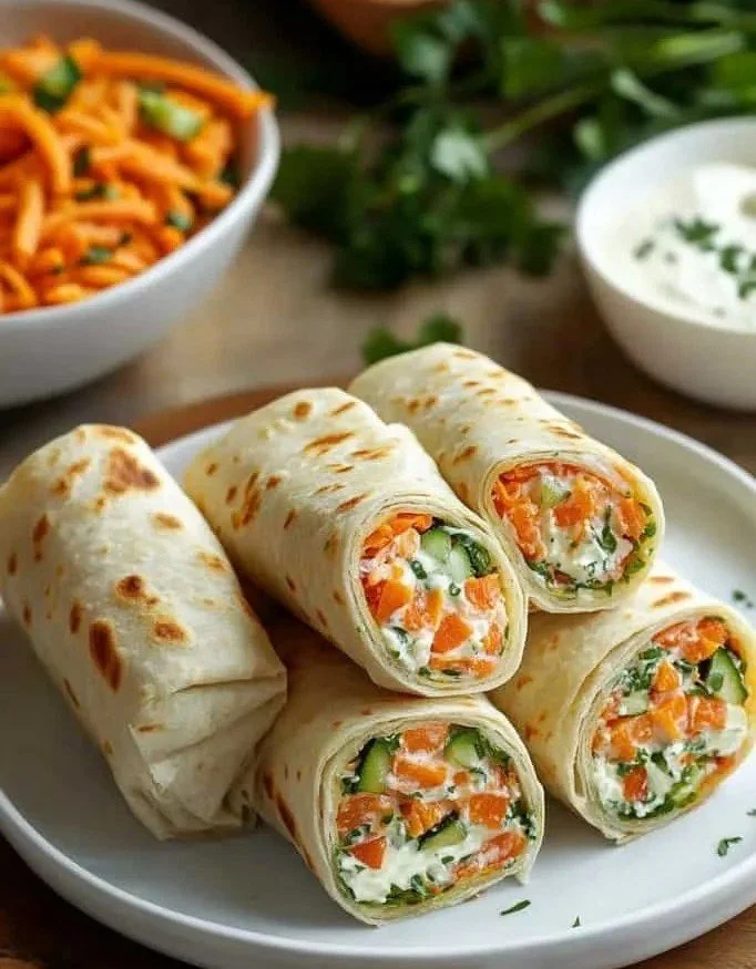 Wholesome veggie tortilla rolls filled with fresh vegetables for a healthy snack.