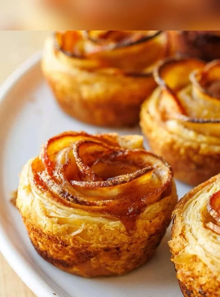 Beautifully arranged apple roses dessert garnished with cinnamon and sugar.