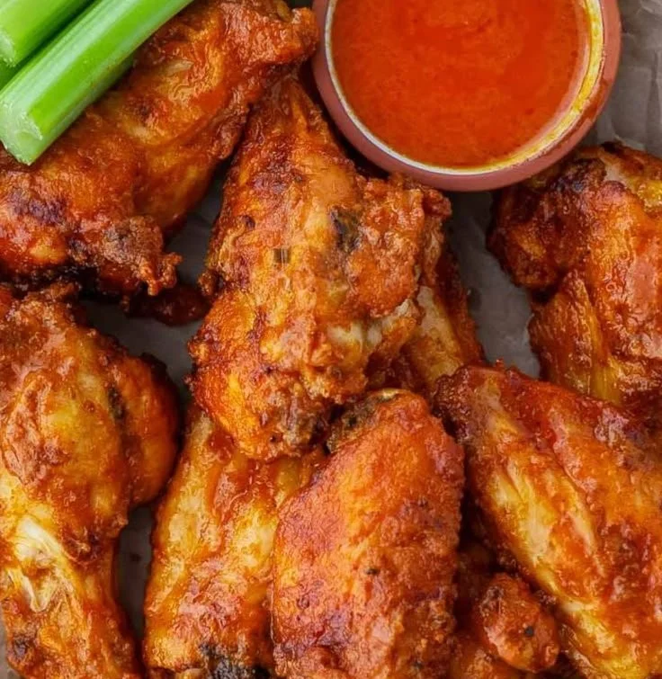 Plate of crispy Buffalo Wings ready to be served with dipping sauces