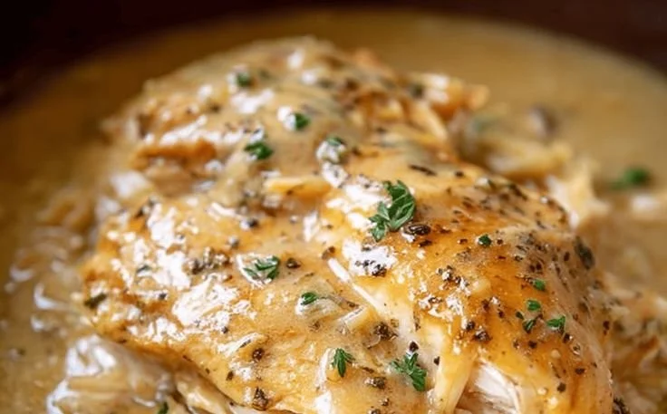 Creamy crockpot chicken served with rich savory gravy