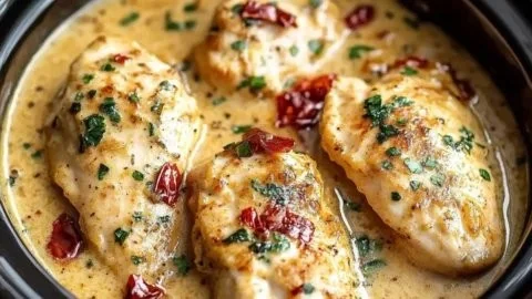 Creamy Crockpot Marry Me Chicken served with garnishes