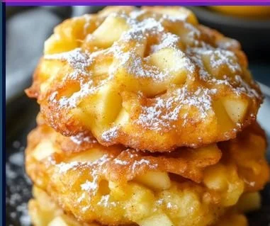 Crispy air fryer apple fritters served on a plate with a sprinkle of powdered sugar.