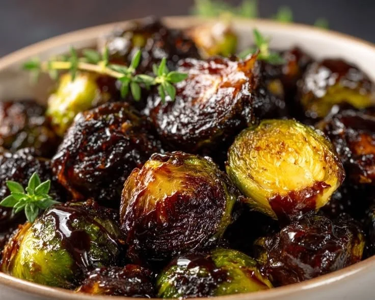 Crispy Brussels sprouts drizzled with caramel in a gourmet presentation