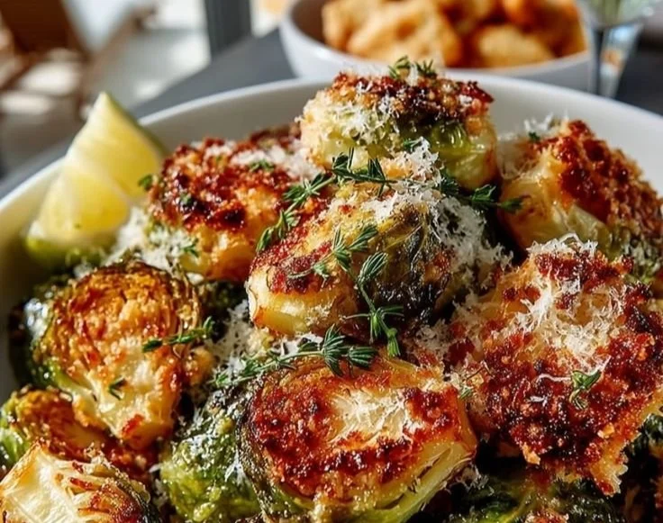 Crispy Parmesan-Crusted Brussels Sprouts served on a plate