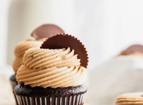 Dark chocolate peanut butter cupcake topped with creamy frosting