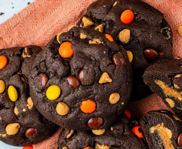 Plate of easy chocolate peanut butter cookies with a chocolate drizzle