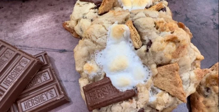 Giant gourmet s'mores cookies with marshmallows and chocolate