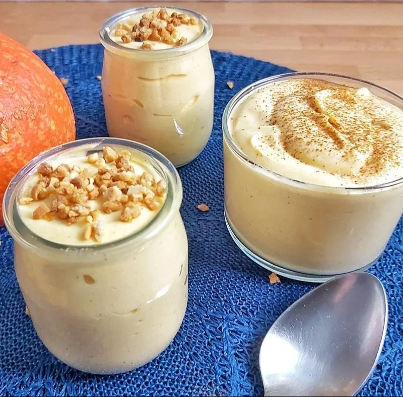Delicious Keto Pumpkin Cheesecake Mousse served in a glass dish