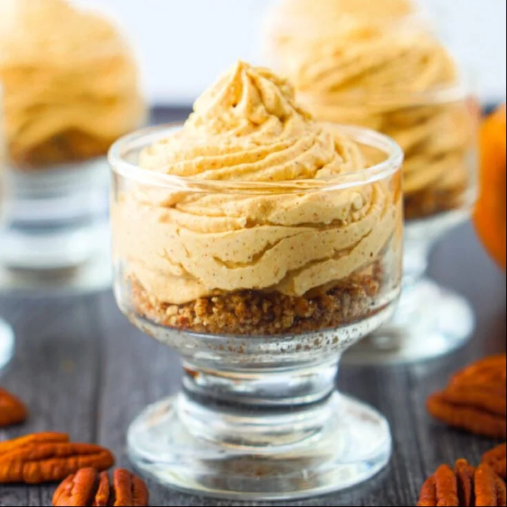 Delicious no-bake Keto pumpkin cheesecake served on a plate