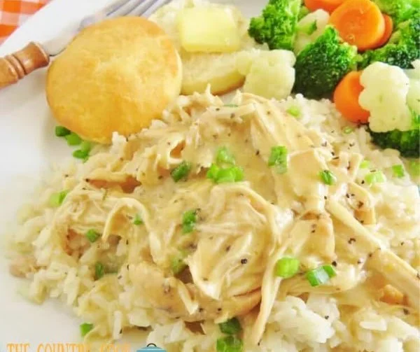Plate of slow cooker chicken served with rich gravy and mashed potatoes.